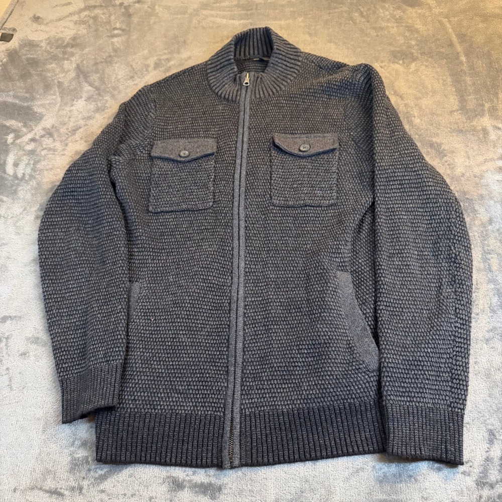Marc Anthony Charcoal Gray Zip Up Knit Sweater Jacket Slim Pockets Mens Large